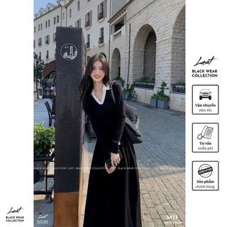 Đầm thiết kế cổ sơ mi phối trắng dài tay LUST Váy cổ V dáng maxi xòe phồng thiết kế basic M33