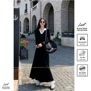 Đầm thiết kế cổ sơ mi phối trắng dài tay LUST Váy cổ V dáng maxi xòe phồng thiết kế basic M33