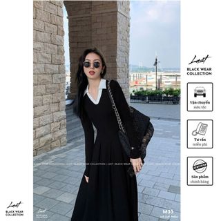 Đầm thiết kế cổ sơ mi phối trắng dài tay LUST Váy cổ V dáng maxi xòe phồng thiết kế basic M33