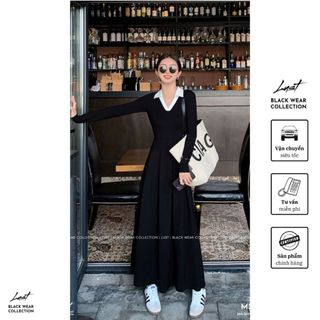 Đầm thiết kế cổ sơ mi phối trắng dài tay LUST Váy cổ V dáng maxi xòe phồng thiết kế basic M33