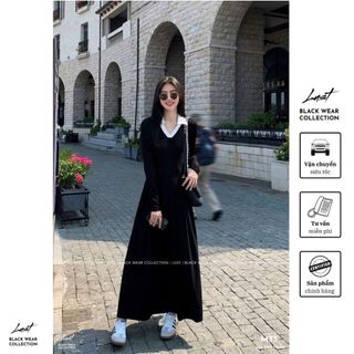 Đầm thiết kế cổ sơ mi phối trắng dài tay LUST Váy cổ V dáng maxi xòe phồng thiết kế basic M33
