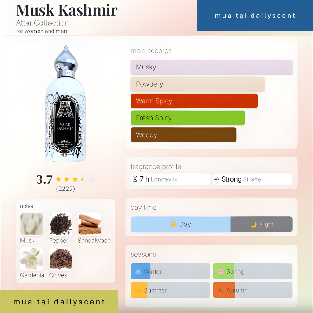 Nước hoa Musk Kashmir Attar Collection 100ml| Nước hoa mùi xạ hương| Nước hoa unisex| dailyscent