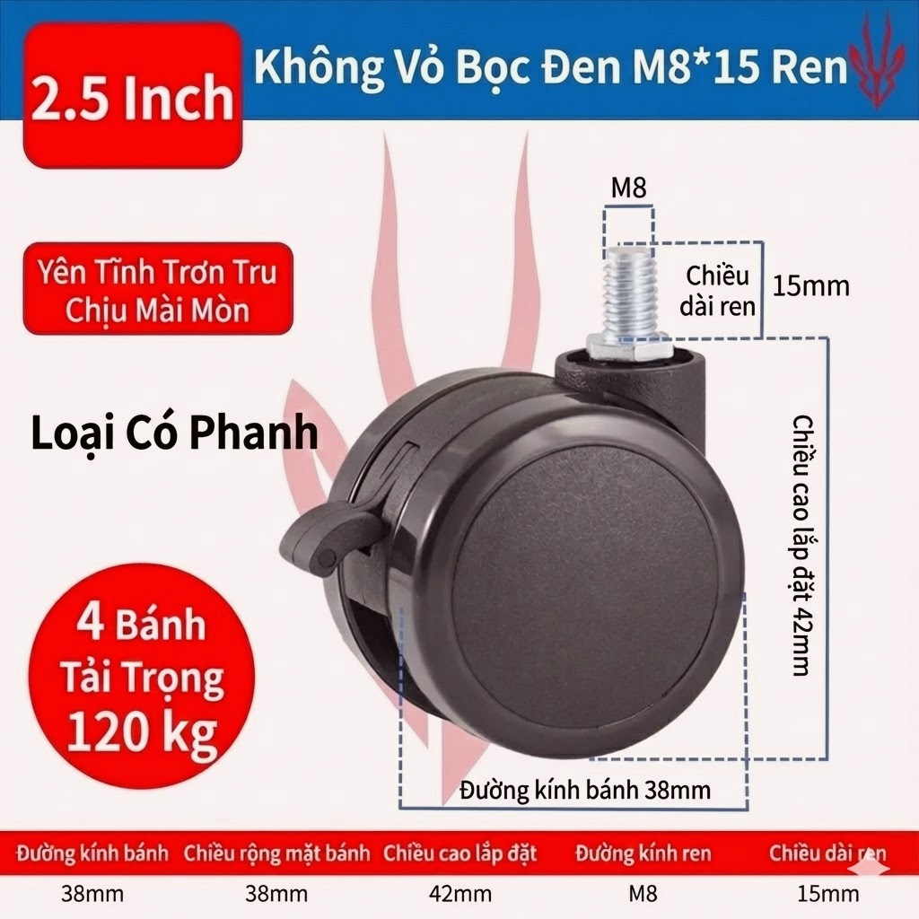 [Sẵn đồ lắp] Bộ Bánh Xe DeskCasters Dùng Cho Bàn Nâng Hạ, Ghế Văn Phòng, Chiều Cao Sau Lắp Đặt 42mm