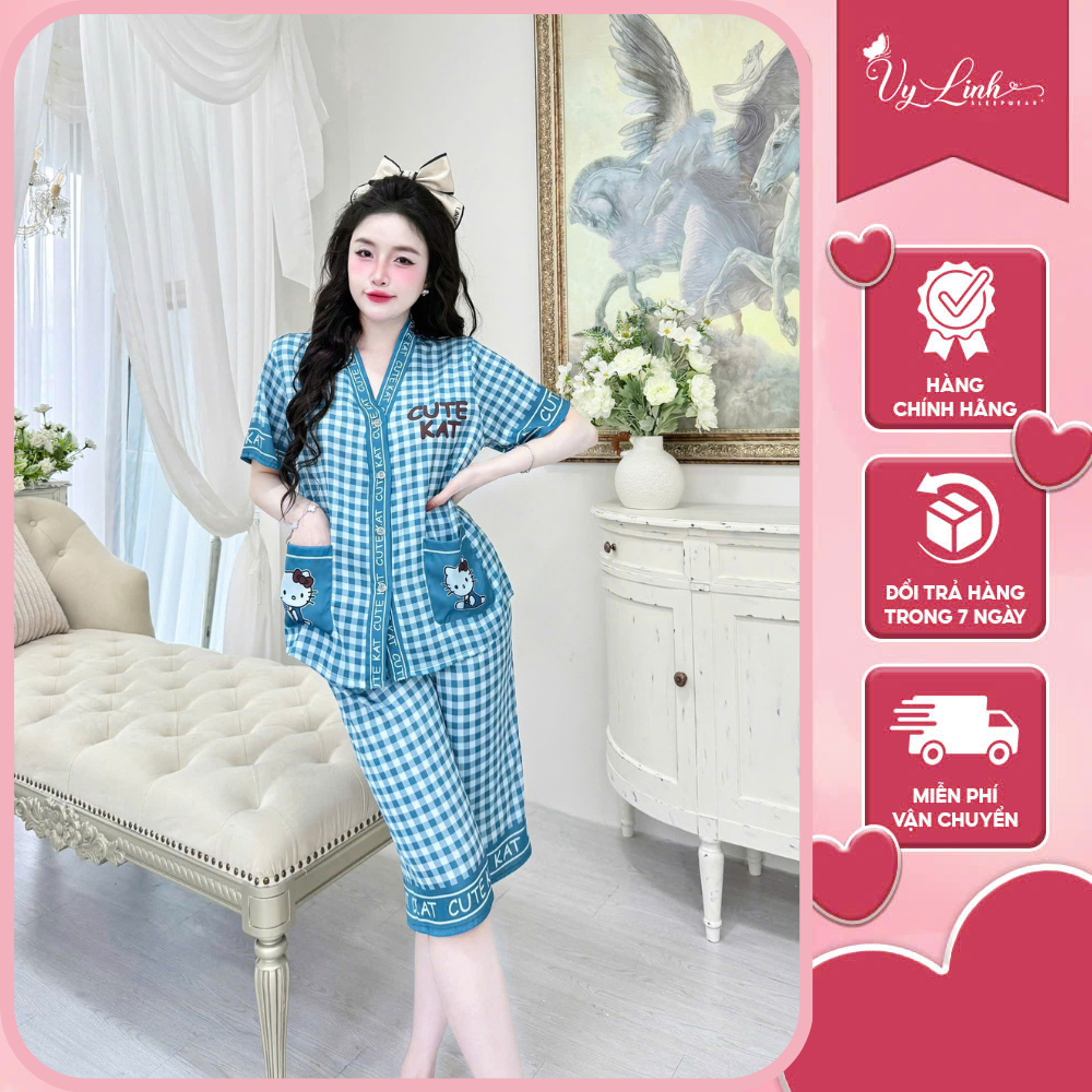 Bộ ngủ nữ cổ Y lửng chất liệu lụa latin thoáng mát thấm hút mồ hôi tốt, mềm mại S1235 caro