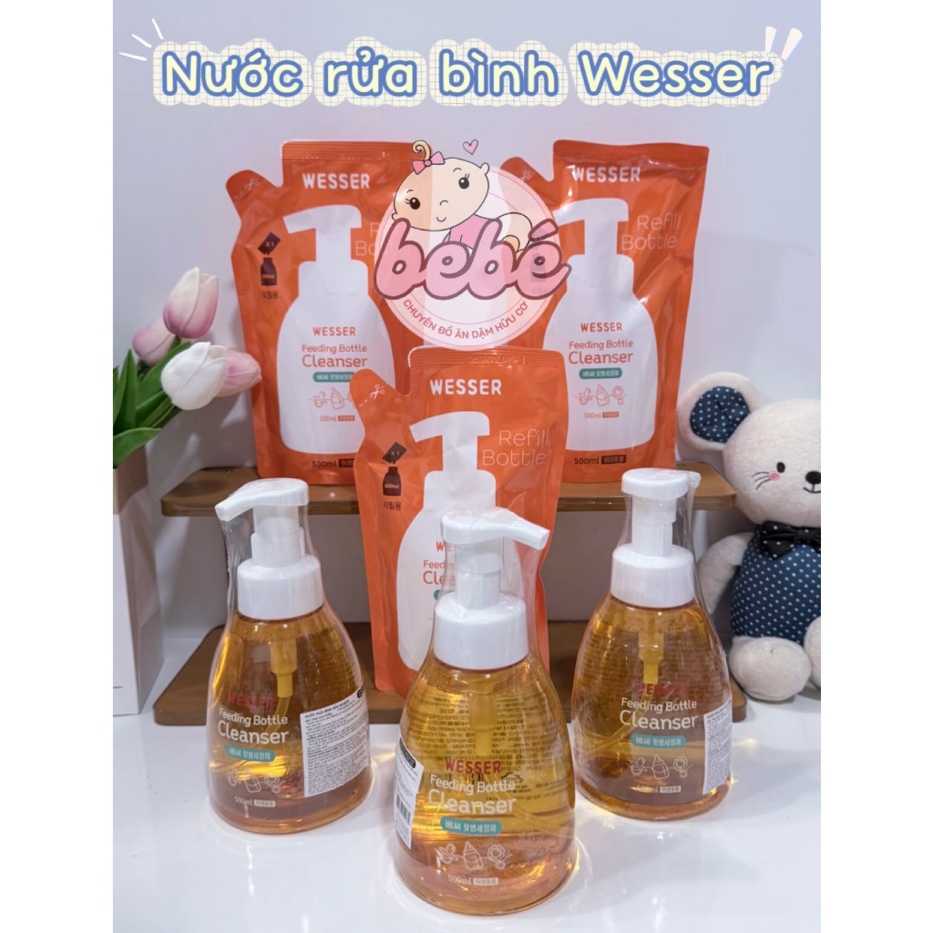 Nước rửa bình sữa, cọ bình sữa Wesser - Nước rửa trái cây và rau củ nội địa Hàn Quốc 500ml