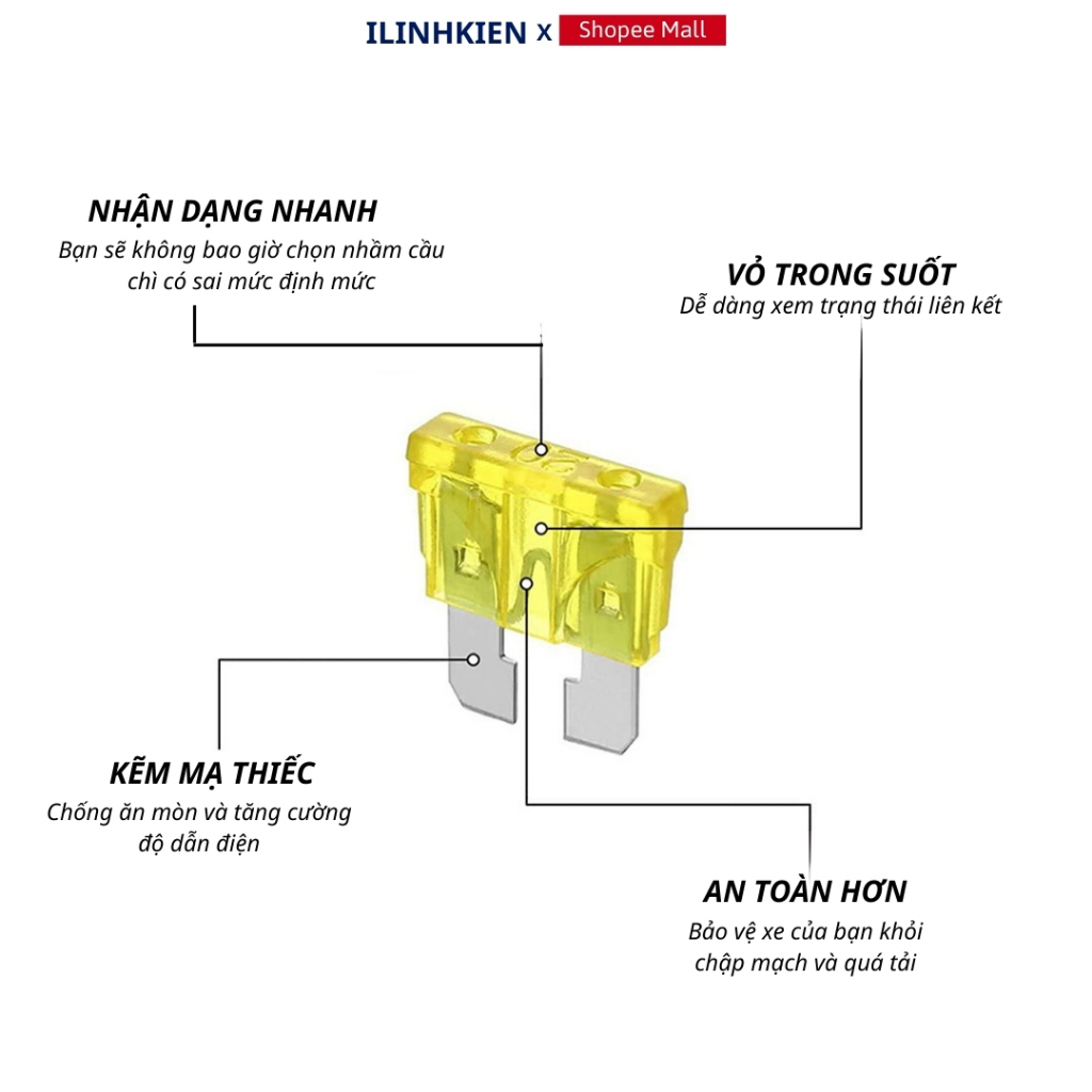 Cầu chì dẹp chân to 32V đủ các giá trị 1A - 50A cho ô tô, xe máy chính hãng ilinhkien