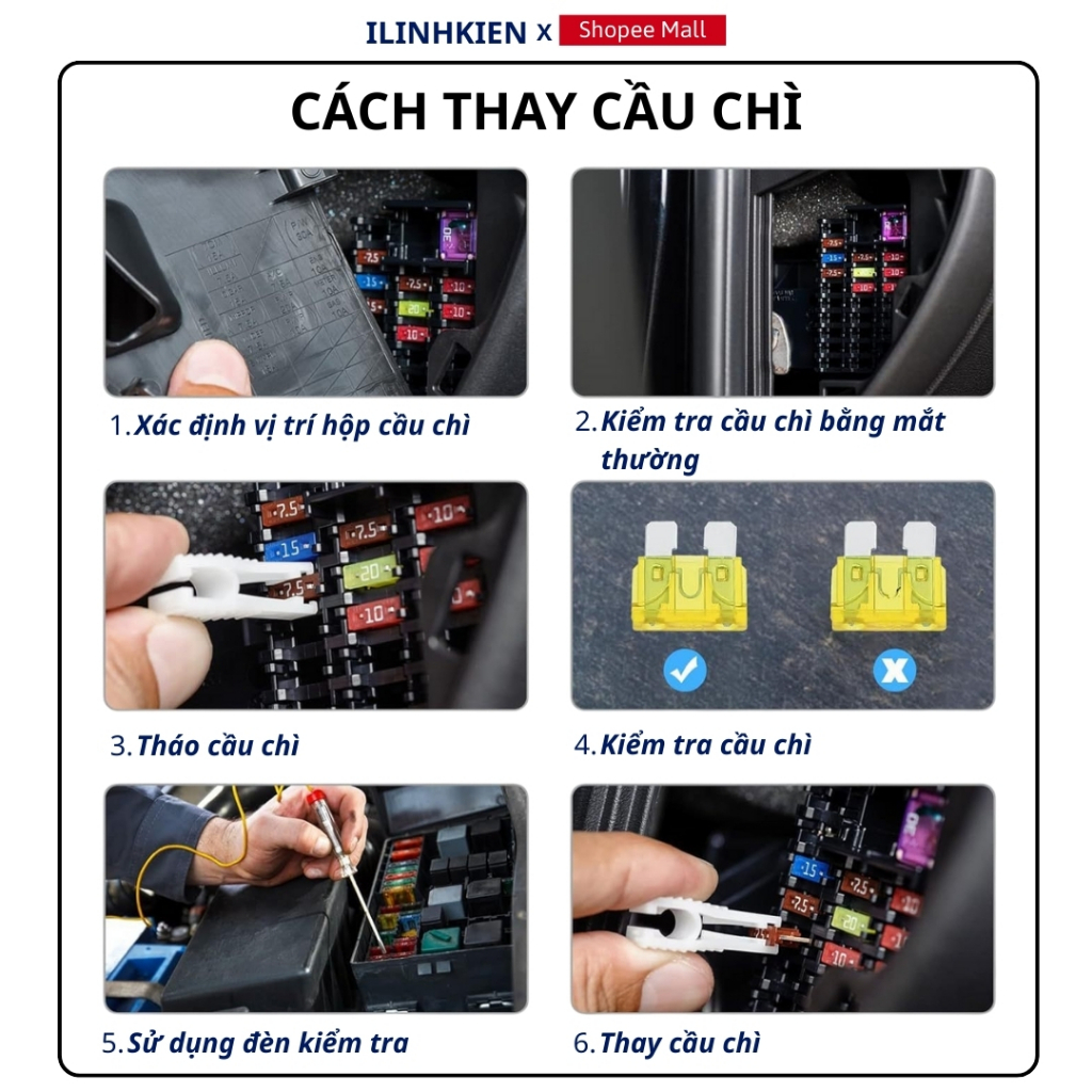 Cầu chì dẹp chân to 32V đủ các giá trị 1A - 50A cho ô tô, xe máy chính hãng ilinhkien