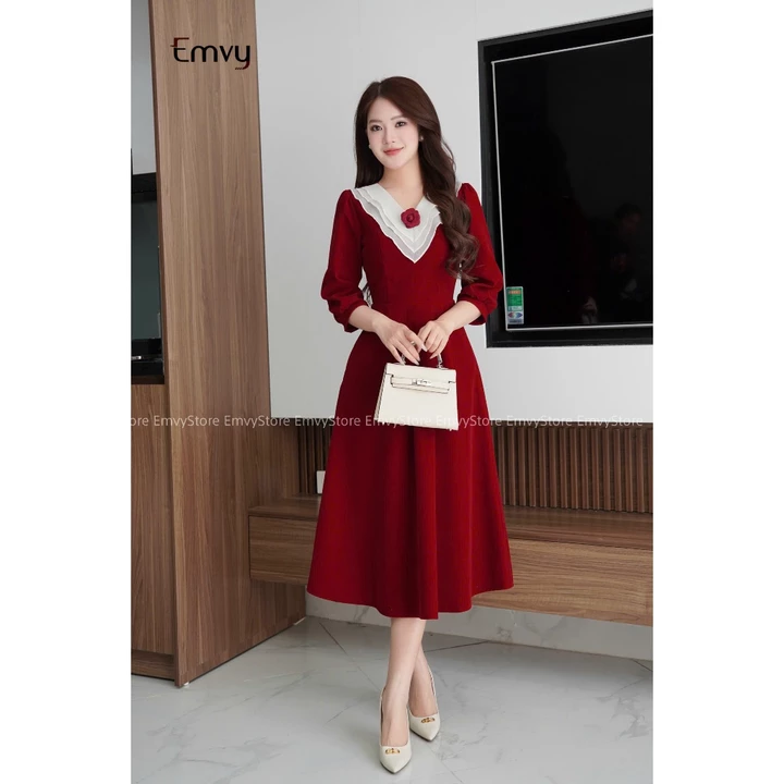 Váy nhung dự tiêc cổ V thanh lịch, sang trọng kín đáo, váy nhung dự tiệc Emvy Fashion K71