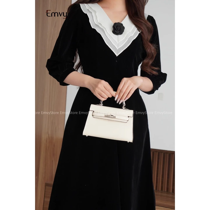 Váy nhung dự tiêc cổ V thanh lịch, sang trọng kín đáo, váy nhung dự tiệc Emvy Fashion K71