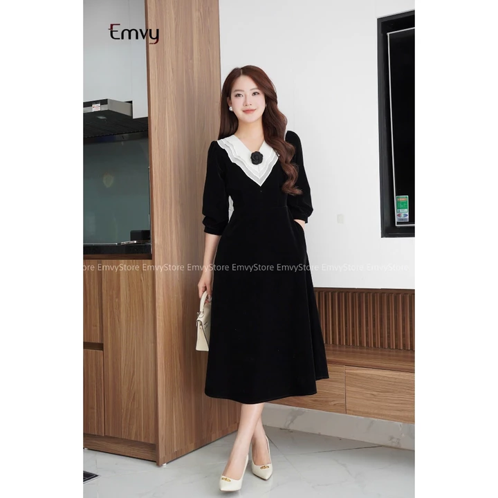 Váy nhung dự tiêc cổ V thanh lịch, sang trọng kín đáo, váy nhung dự tiệc Emvy Fashion K71