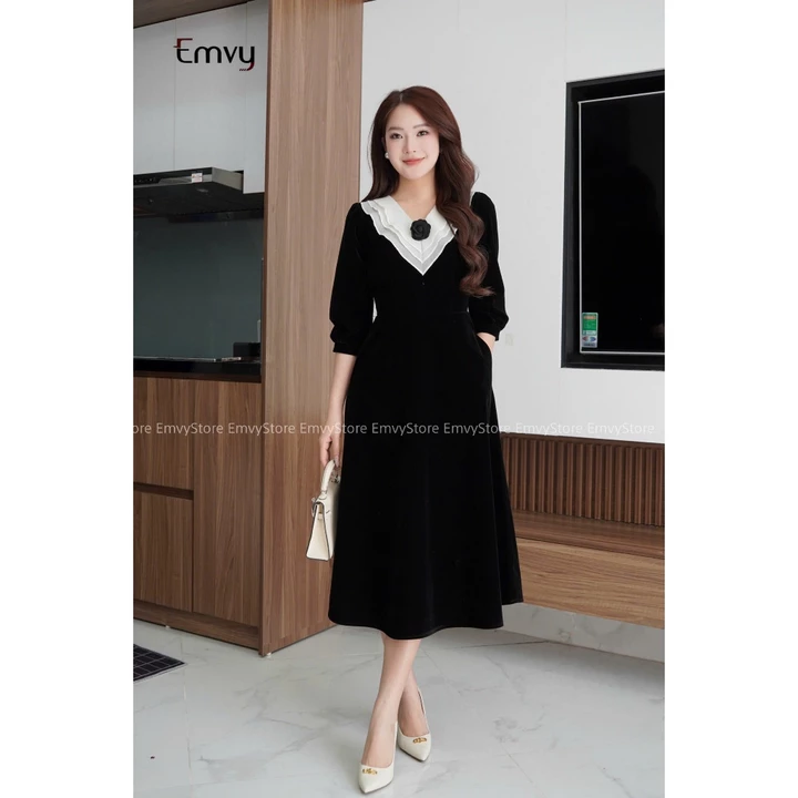 Váy nhung dự tiêc cổ V thanh lịch, sang trọng kín đáo, váy nhung dự tiệc Emvy Fashion K71
