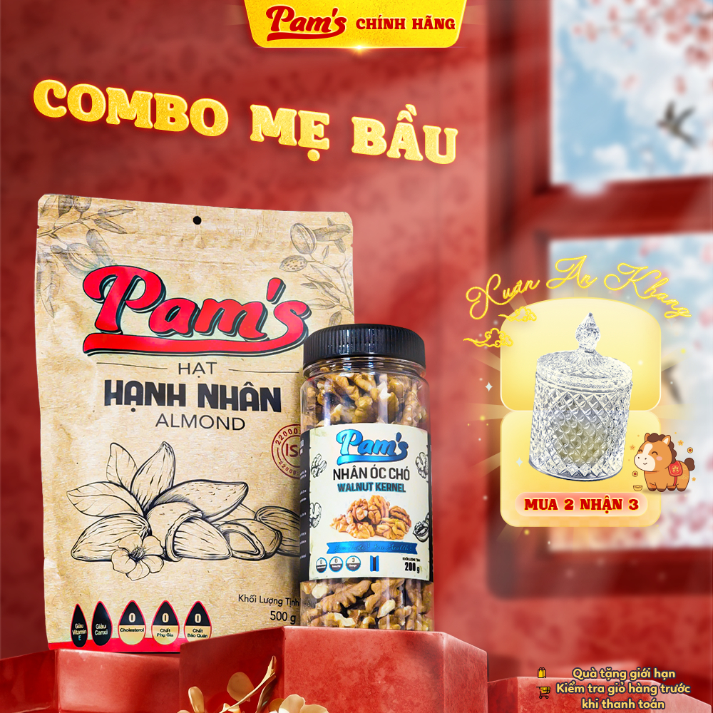 COMBO Hạnh Nhân Mỹ 500g + Nhân Óc Chó Chile 200g Pams, Thích hợp Ăn Kiêng, Mẹ Bầu