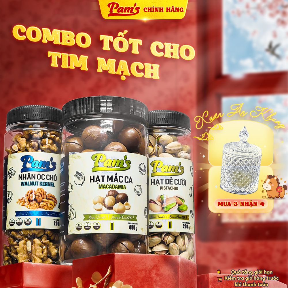 SET LỄ HỘI Hạt Macca Nứt Vỏ 480g + Nhân Hạt Óc Chó 200g + Hạt Dẻ Cười 250g Pams