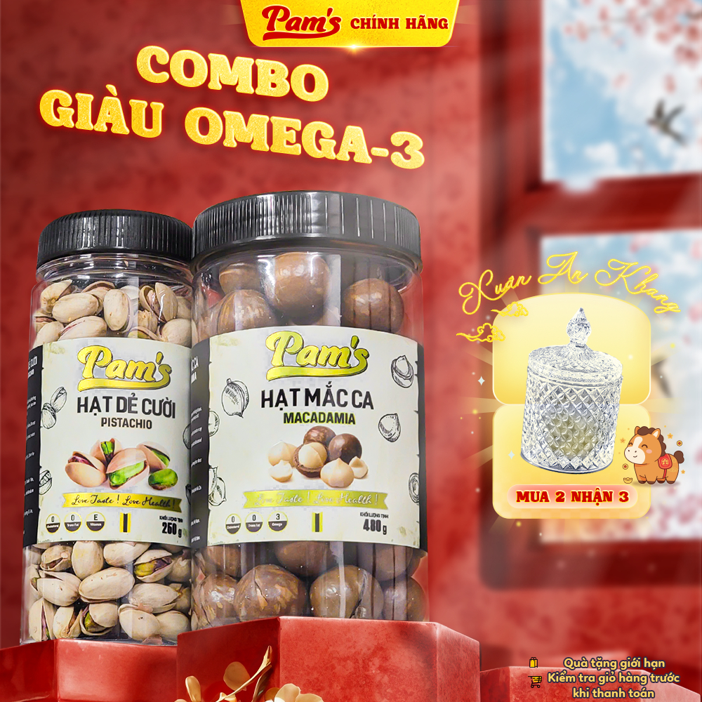 COMBO Giàu Omega3 - Hạt Macca Nhập Khẩu Úc 480g/hũ + Hạt Dẻ Cười Nhập Khẩu Mỹ 250g/hũ Pams