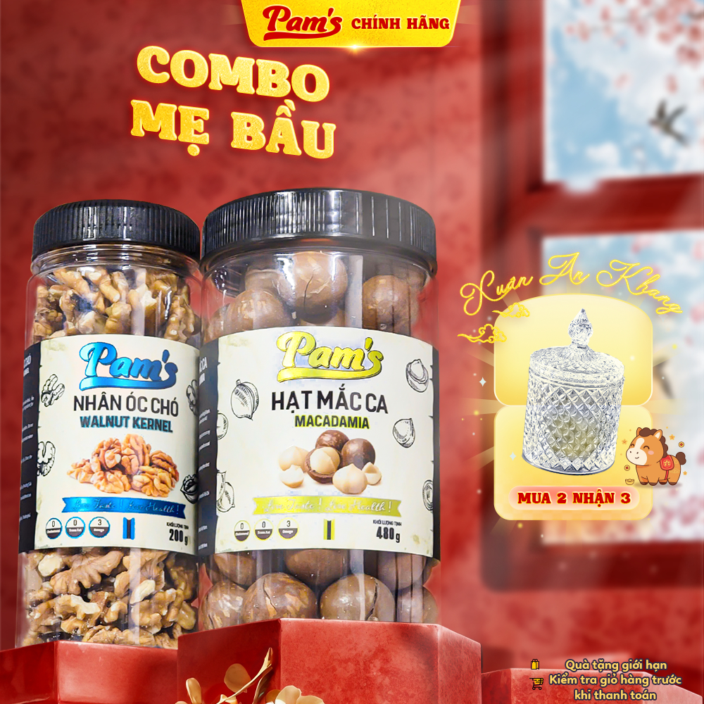 Combo Mẹ Bầu - Hạt Macca Nứt Vỏ Nhập Khẩu Úc 480g/hũ + Nhân hạt óc chó 200g/hũ Pams