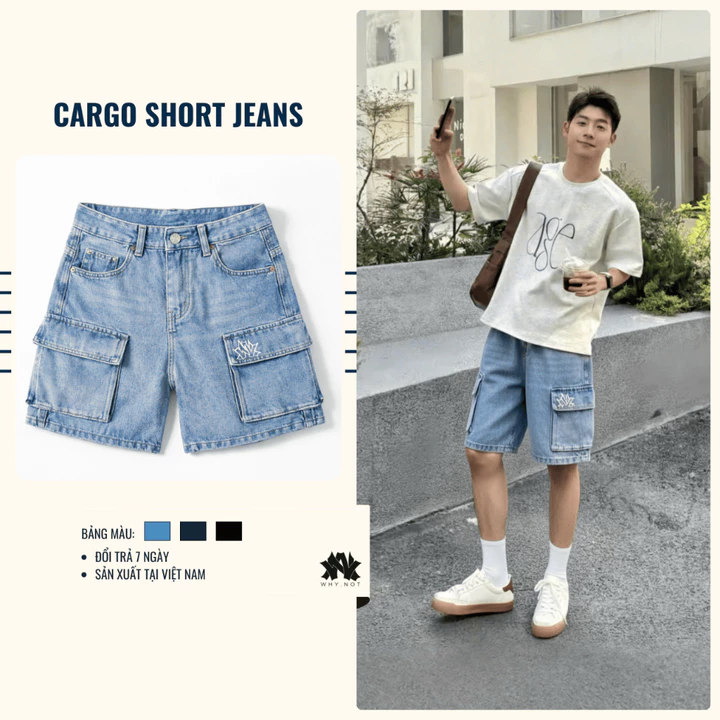 QUẦN SHORT TÚI HỘP, QUẦN SHORT NAM RETRO, QUẦN SHORT JEAN - Quần Short CARGO, Dài Trên Gối - Quần Đùi Nam Có Bigsize