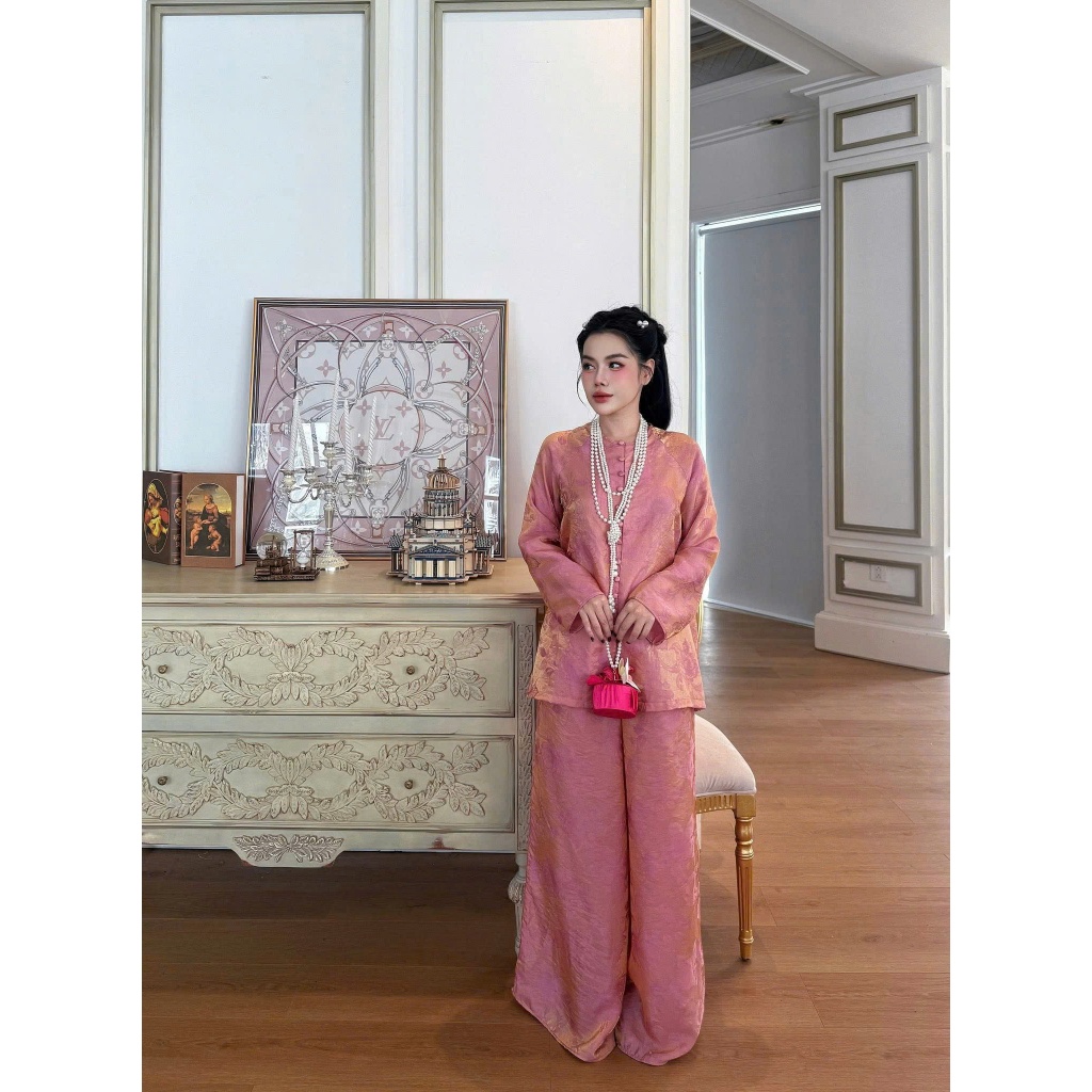 Bộ đi chùa bà ba cách tân cổ tròn lụa gấm tằm Tency Pháp phục lễ chùa đính cúc bọc dài tay gâm mềmThanh lịch - NGO