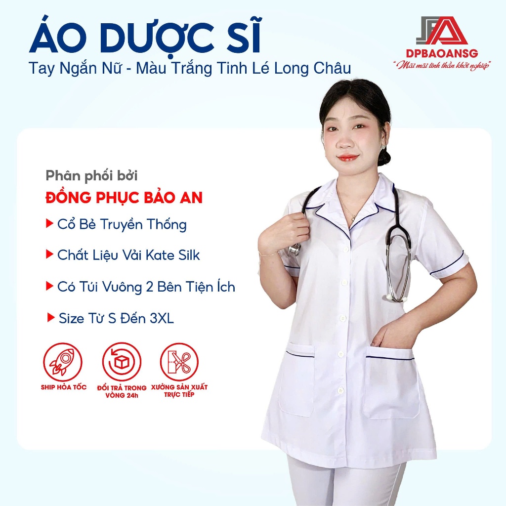 Áo blouse trắng nữ tay ngắn lé Xanh thân ngắn có xẻ tà cho nhà thuốc, dược sĩ, y tá, điều điều dưỡng