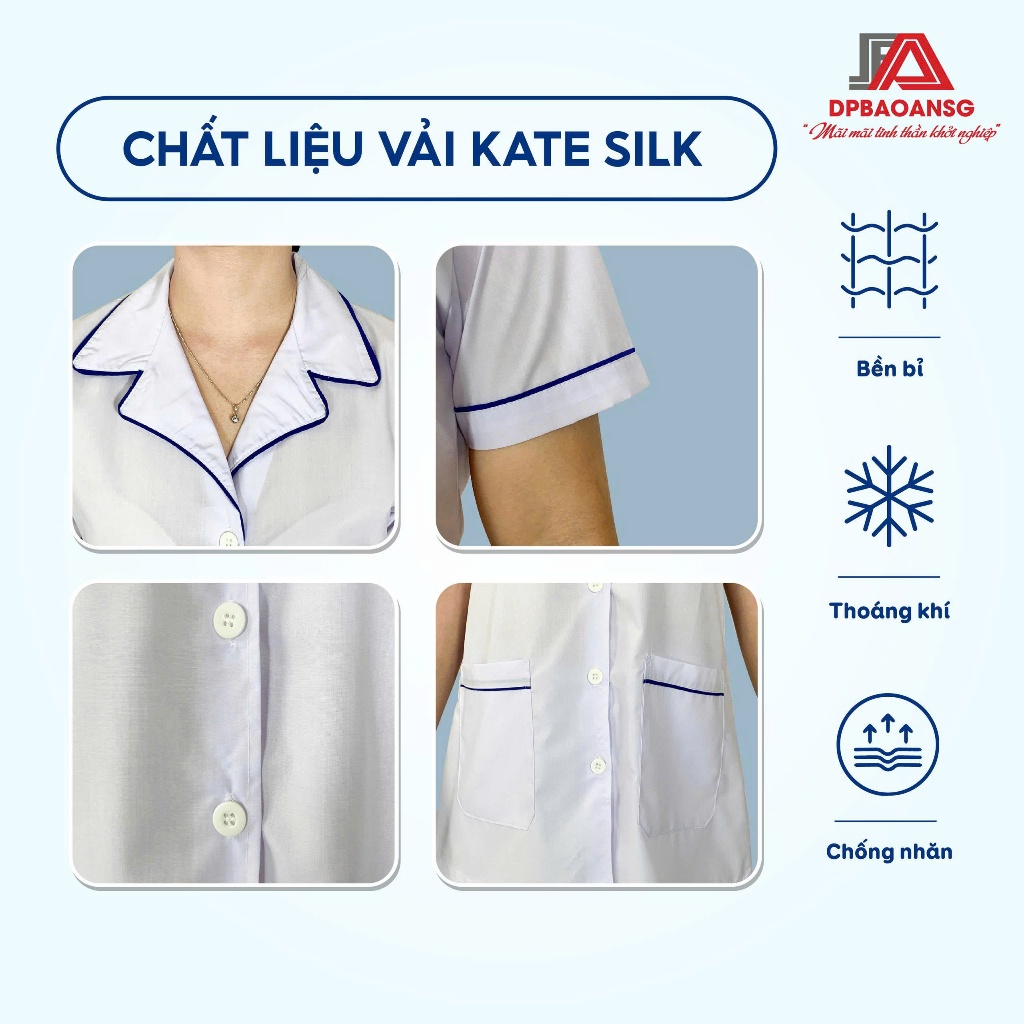 Áo blouse trắng nữ tay ngắn lé Xanh thân ngắn có xẻ tà cho nhà thuốc, dược sĩ, y tá, điều điều dưỡng