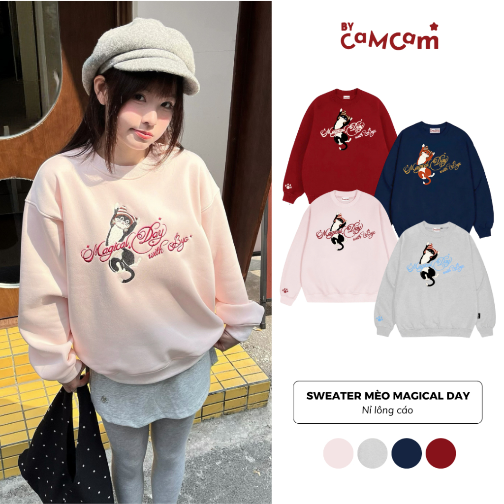 Áo Sweater Nỉ Lông Cáo Hình Thêu Mèo 𝑩𝒚𝒄𝒂𝒎𝒄𝒂𝒎 Áo Nỉ Siêu Ấm Lông Mịn MAGICAL DAY Nữ Tính ASWD481
