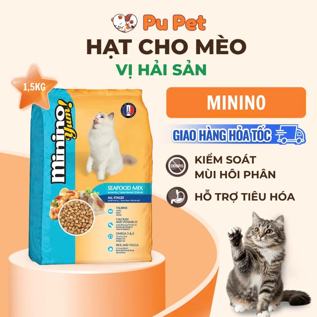 Thức Ăn Hạt Cho Mèo Minino Yum Vị Hải Sản Gói 8kg/1.5kg Hỗ Trợ Tiêu Hóa Và Dưỡng Mượt Lông