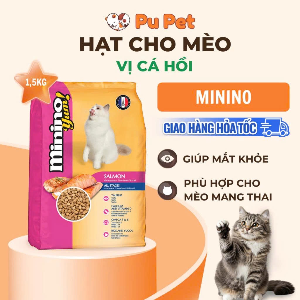 Thức Ăn Hạt Cho Mèo Minino Yum Vị Cá Hồi Gói 1.5kg và 8kg Bổ Sung Dinh Dưỡng Cho Mèo Mọi Lứa Tuổi