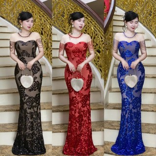 Đầm dạ hội kim sa hoa văn phối lưới chuỗi vai tko