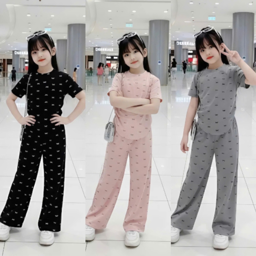 Sét đồ bộ cho bé gái cấp 1,cấp 2 chất vải tăm lạnh in full nơ phối quần ống xuông co giãn 4 chiều.M13