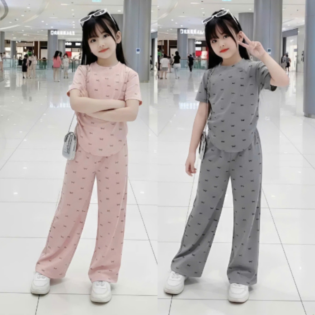 Sét đồ bộ cho bé gái cấp 1,cấp 2 chất vải tăm lạnh in full nơ phối quần ống xuông co giãn 4 chiều.M13