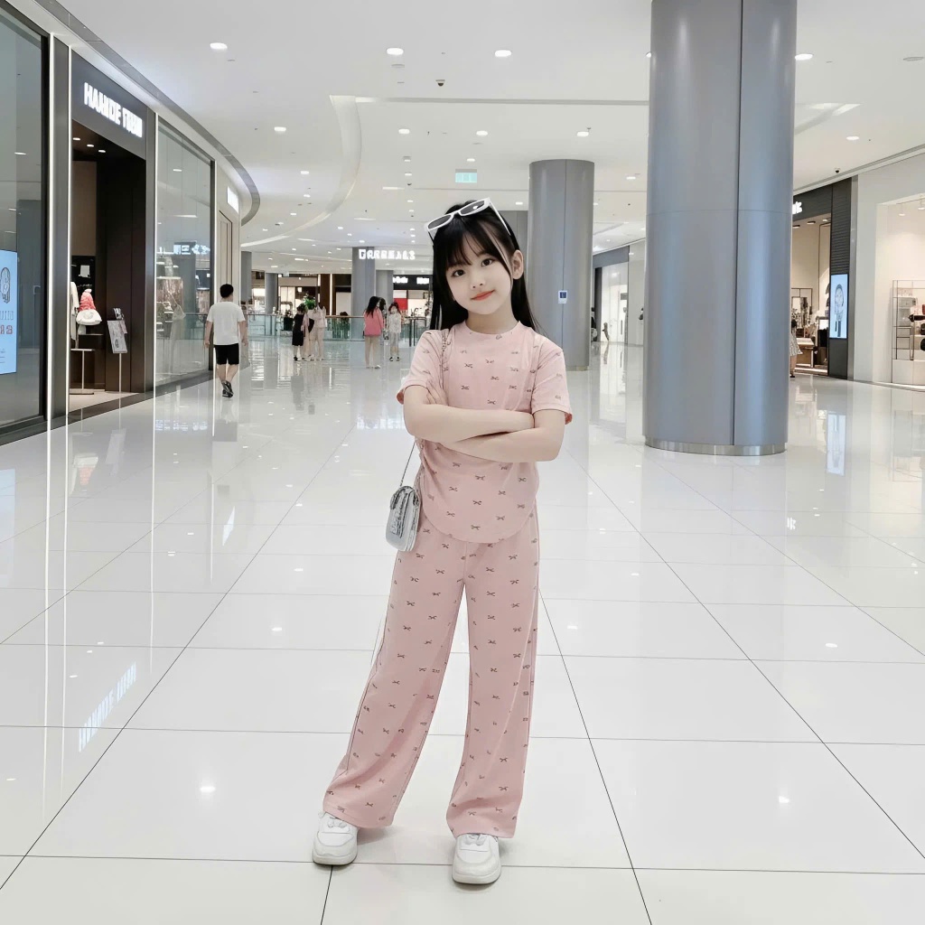 Sét đồ bộ cho bé gái cấp 1,cấp 2 chất vải tăm lạnh in full nơ phối quần ống xuông co giãn 4 chiều.M13