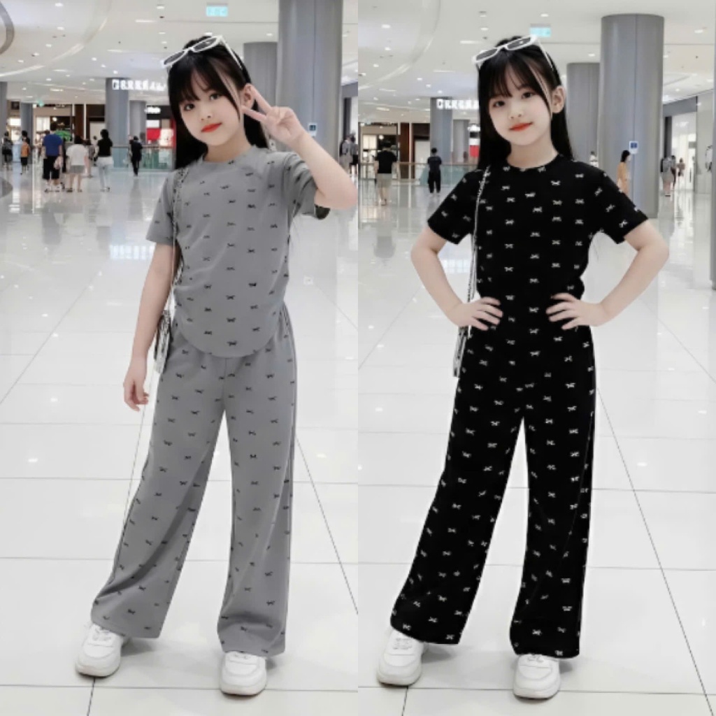 Sét đồ bộ cho bé gái cấp 1,cấp 2 chất vải tăm lạnh in full nơ phối quần ống xuông co giãn 4 chiều.M13
