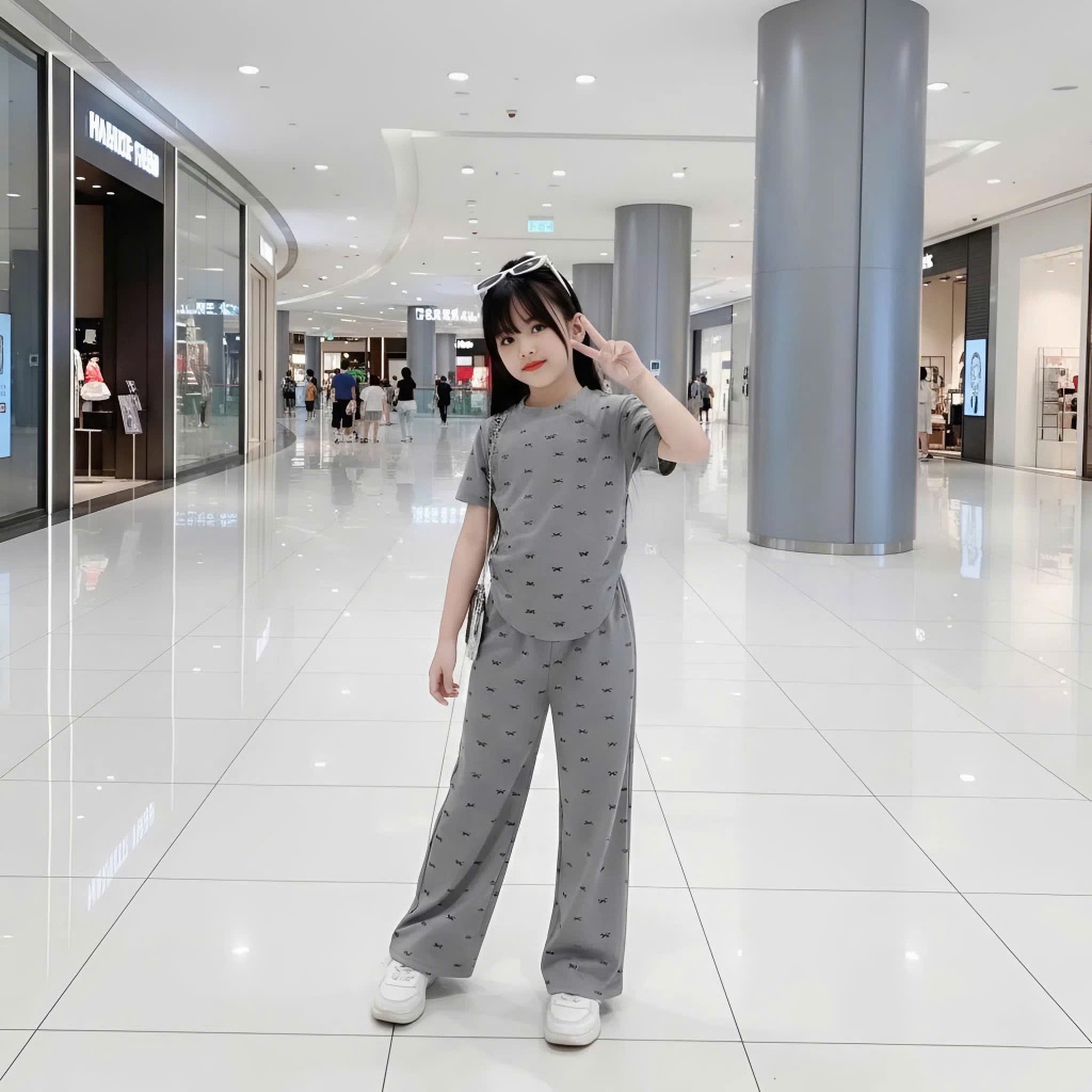 Sét đồ bộ cho bé gái cấp 1,cấp 2 chất vải tăm lạnh in full nơ phối quần ống xuông co giãn 4 chiều.M13