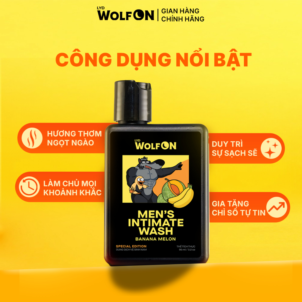 Dung Dịch Vệ Sinh Nam Giới, LYD Wolf On Hương Chuối Melon Tươi Mát Cuốn Hút, chai 95ml