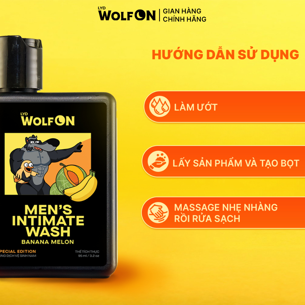Dung Dịch Vệ Sinh Nam Giới, LYD Wolf On Hương Chuối Melon Tươi Mát Cuốn Hút, chai 95ml