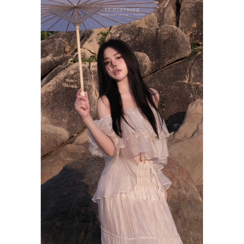 [ TY CLOTHING ] - Set Tơ Trễ Vai Dây Thắc Kem - Hàng Thiết Kế - Màu Kem