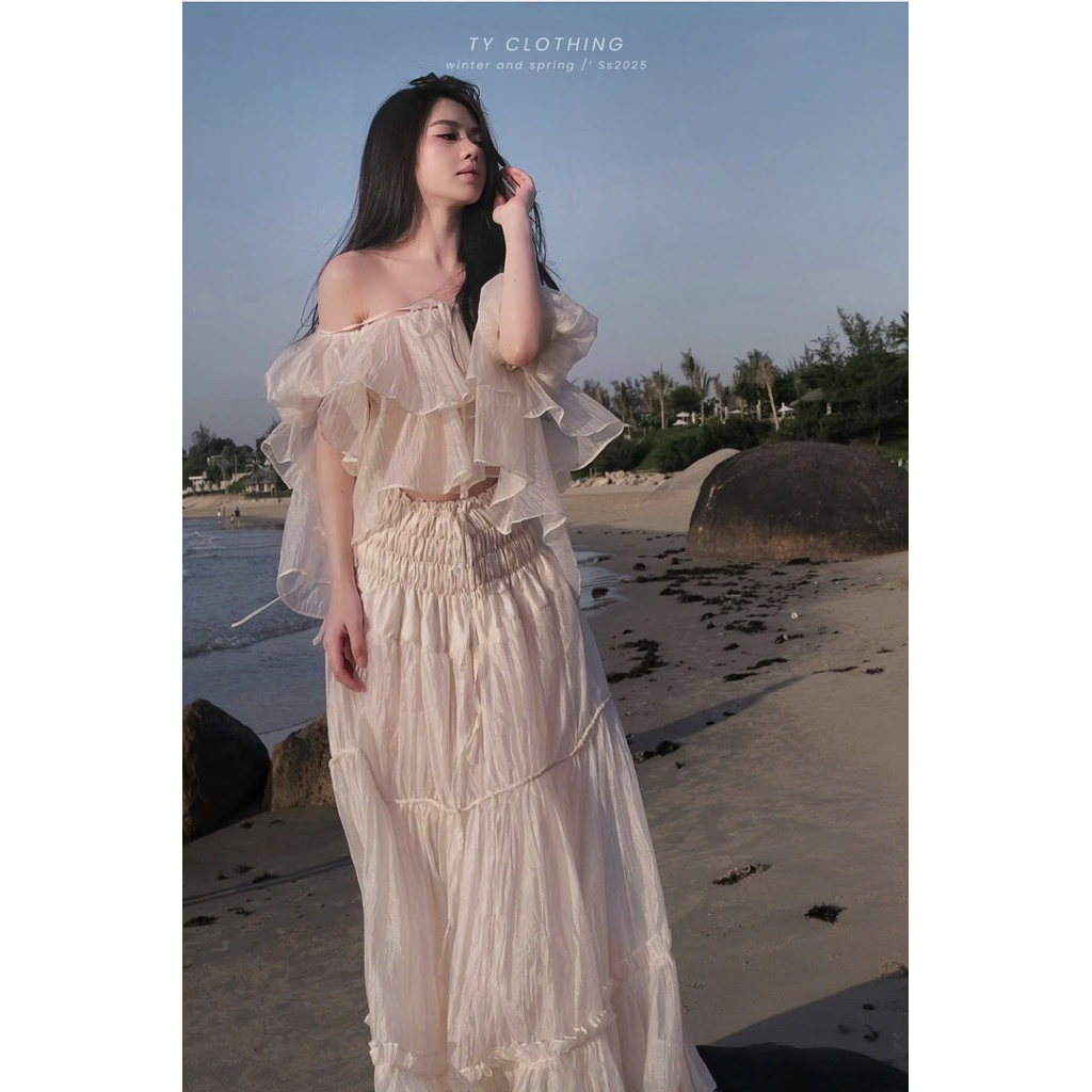 [ TY CLOTHING ] - Set Tơ Trễ Vai Dây Thắc Kem - Hàng Thiết Kế - Màu Kem