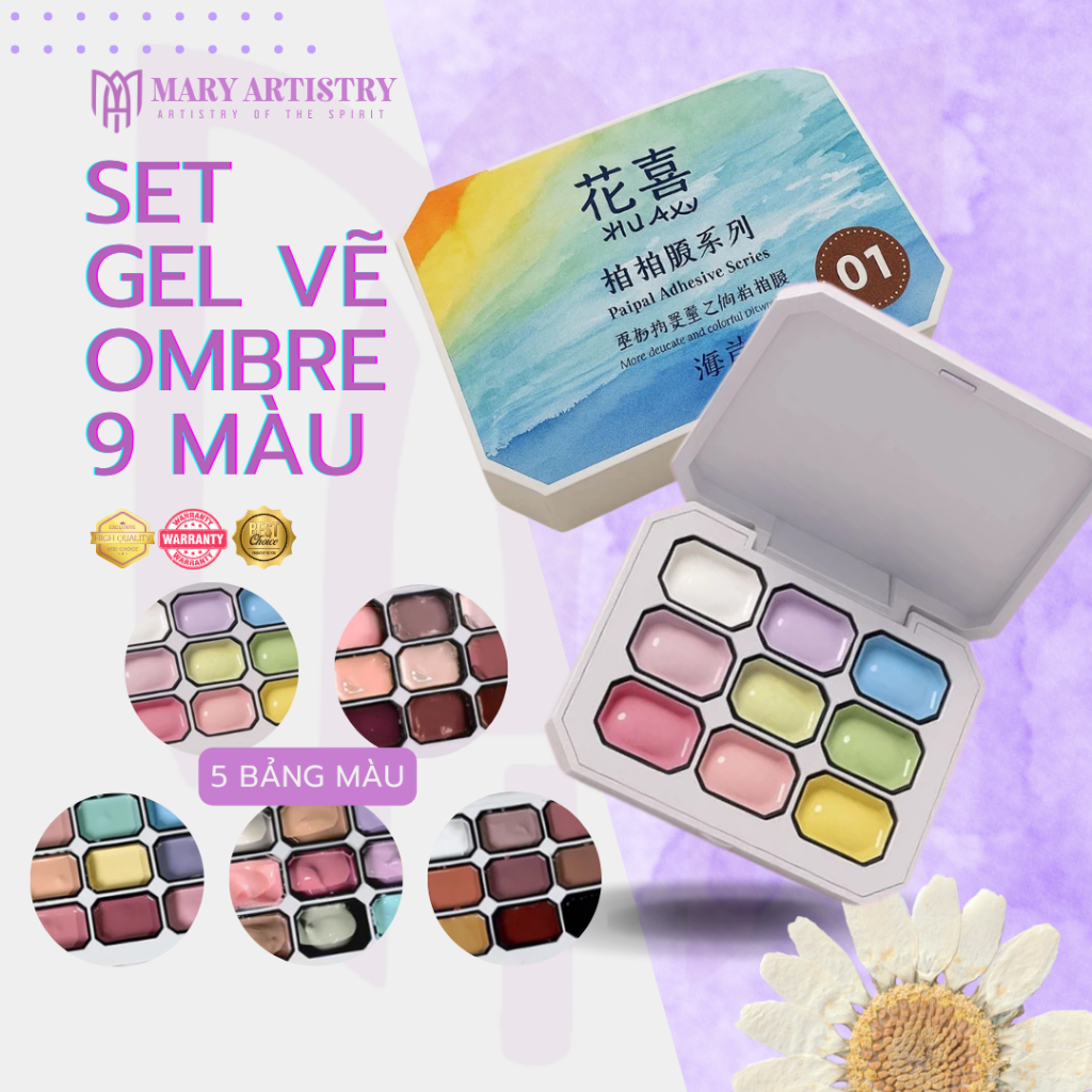 Set 9 Màu Gel Ombre Huaxi Tạo Hiệu Ứng Loang - Chất Đặc Sánh, Có Thể In Khuôn Nail, Nail Gấm 2,5mlx9