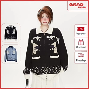 Áo khoác GRADPOPU dệt kim họa tiết hình cún con dễ thương dáng rộng thoải mái dành cho nữ AK315