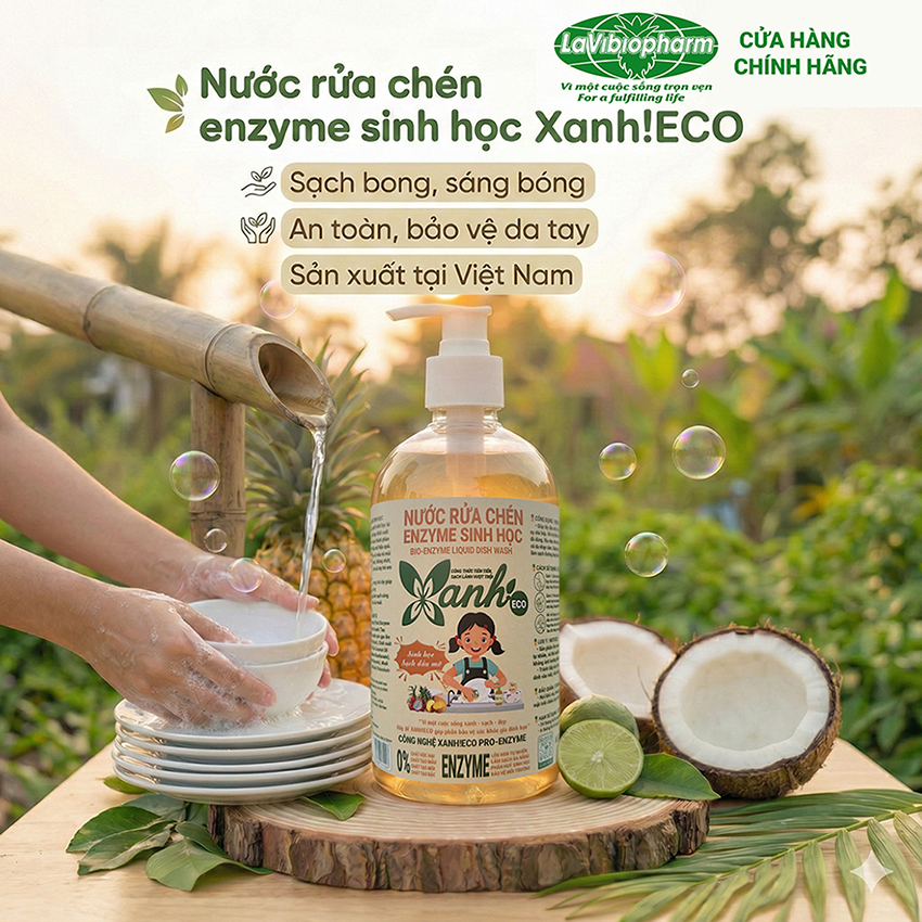 Nước Rửa Chén Enzyme Sinh Học – Sạch Dầu Mỡ Nhanh – An Toàn Da Tay – Xanh ECO – 500Ml
