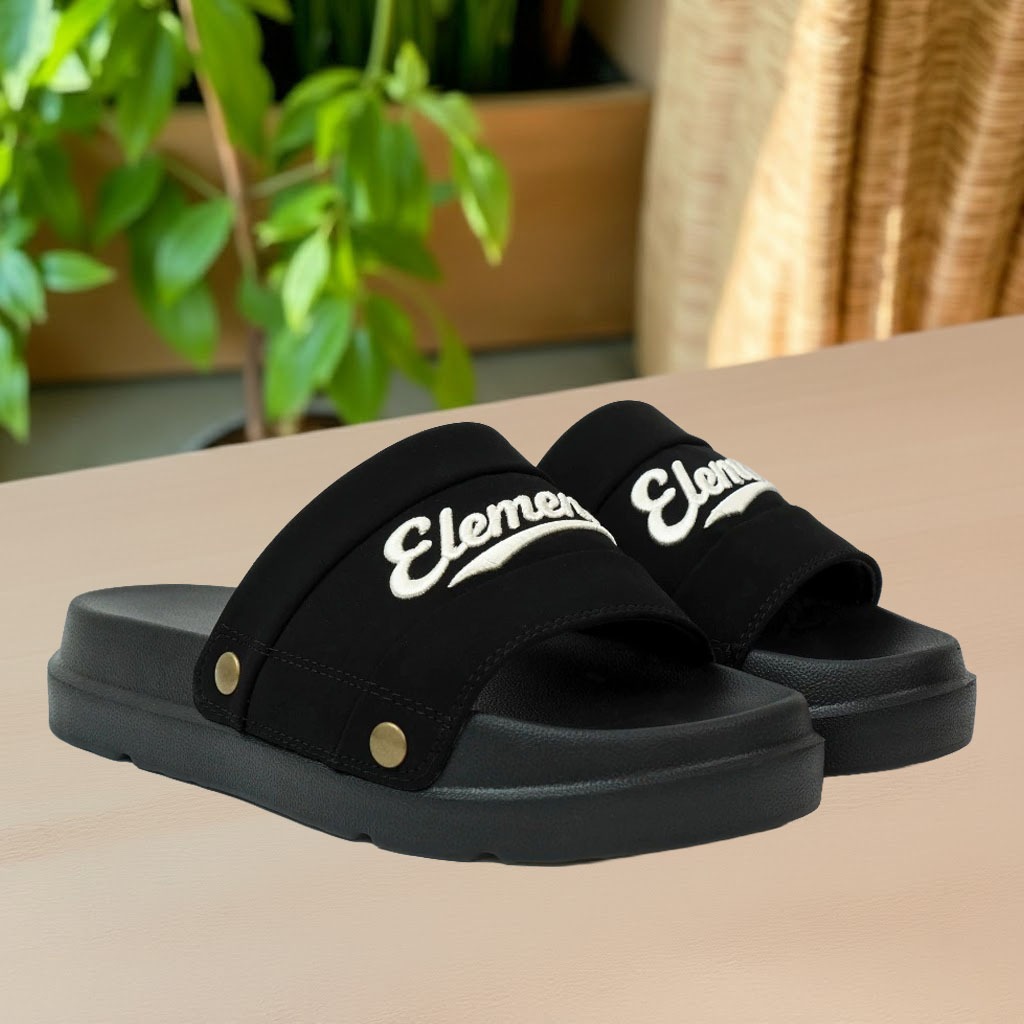 [ĐÍNH TÁN] Dép ELEMENTS Originals E18 Full Black Dép quai Da Nhung chữ thêu - Dép Nam Nữ Unisex 4cm