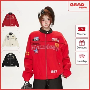 Áo khoác GRADPOPU họa tiết thêu chữ kiểu dáng rộng rãi phong cách mô tô mới dành cho nữ AK320