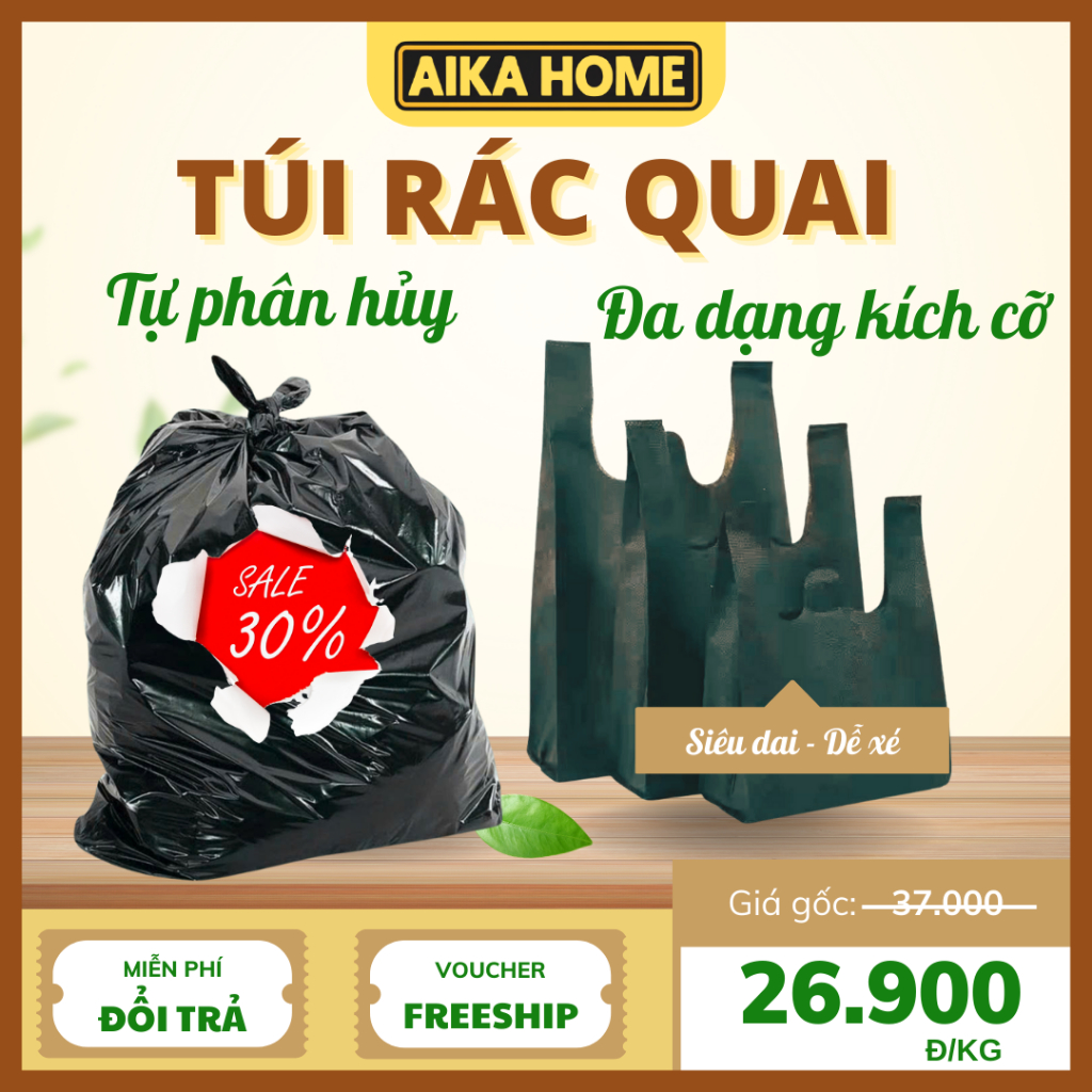 1kg túi rác có quai - màu đen size đựng 3kg, 5kg, 10kg, 15kg, 20kg ...