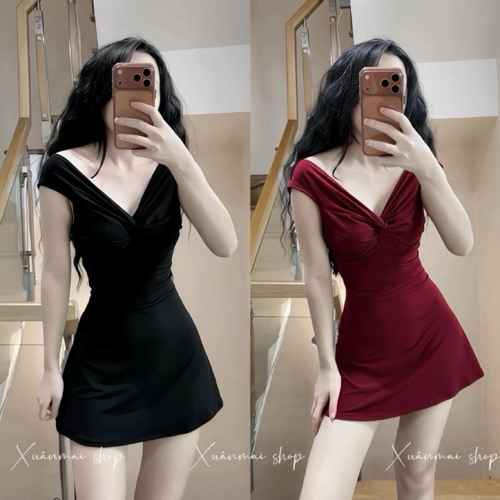 [kèm Quần] Đầm XOẮN TRƯỚC CỔ V dáng a ngắn cổ V xoắn chất thun lụa Xuân Mai Shop