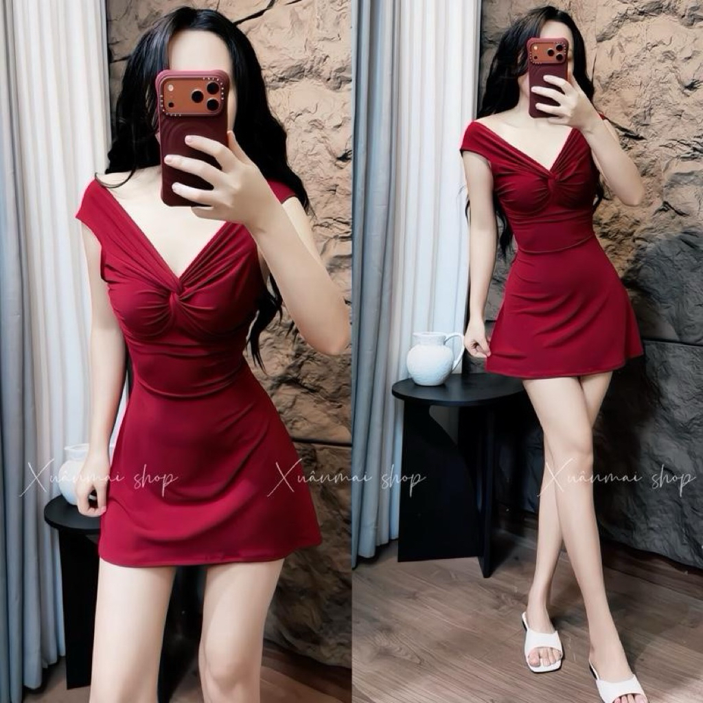 [kèm Quần] Đầm XOẮN TRƯỚC CỔ V dáng a ngắn cổ V xoắn chất thun lụa Xuân Mai Shop