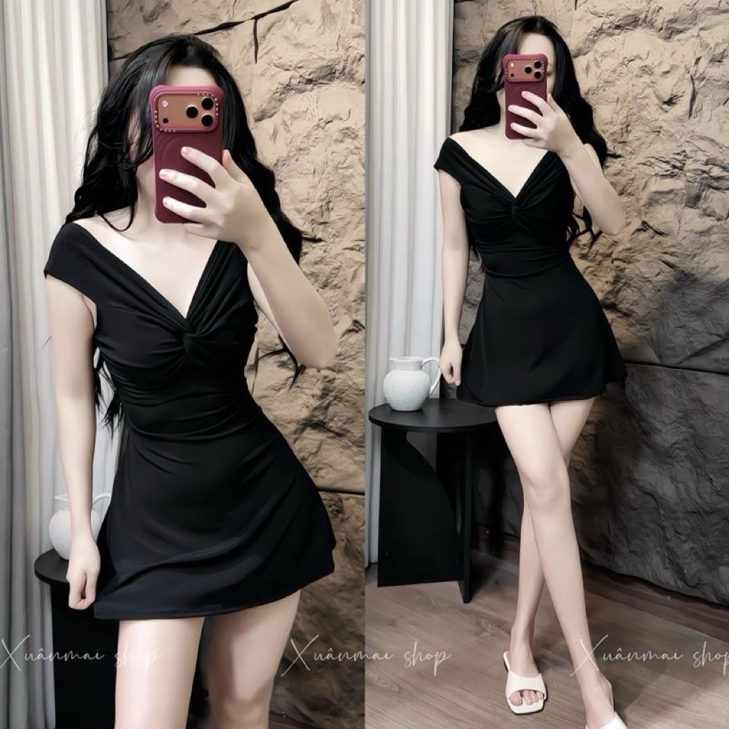 [kèm Quần] Đầm XOẮN TRƯỚC CỔ V dáng a ngắn cổ V xoắn chất thun lụa Xuân Mai Shop