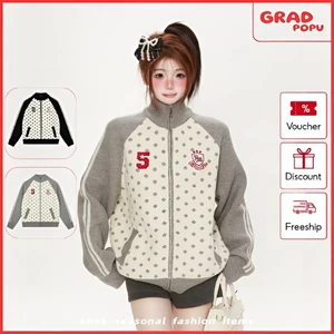 Áo khoác GRADPOPU dệt kim phối màu chấm bi kiểu Hàn Quốc dành cho nữ kiểu dáng rộng rãi AK340