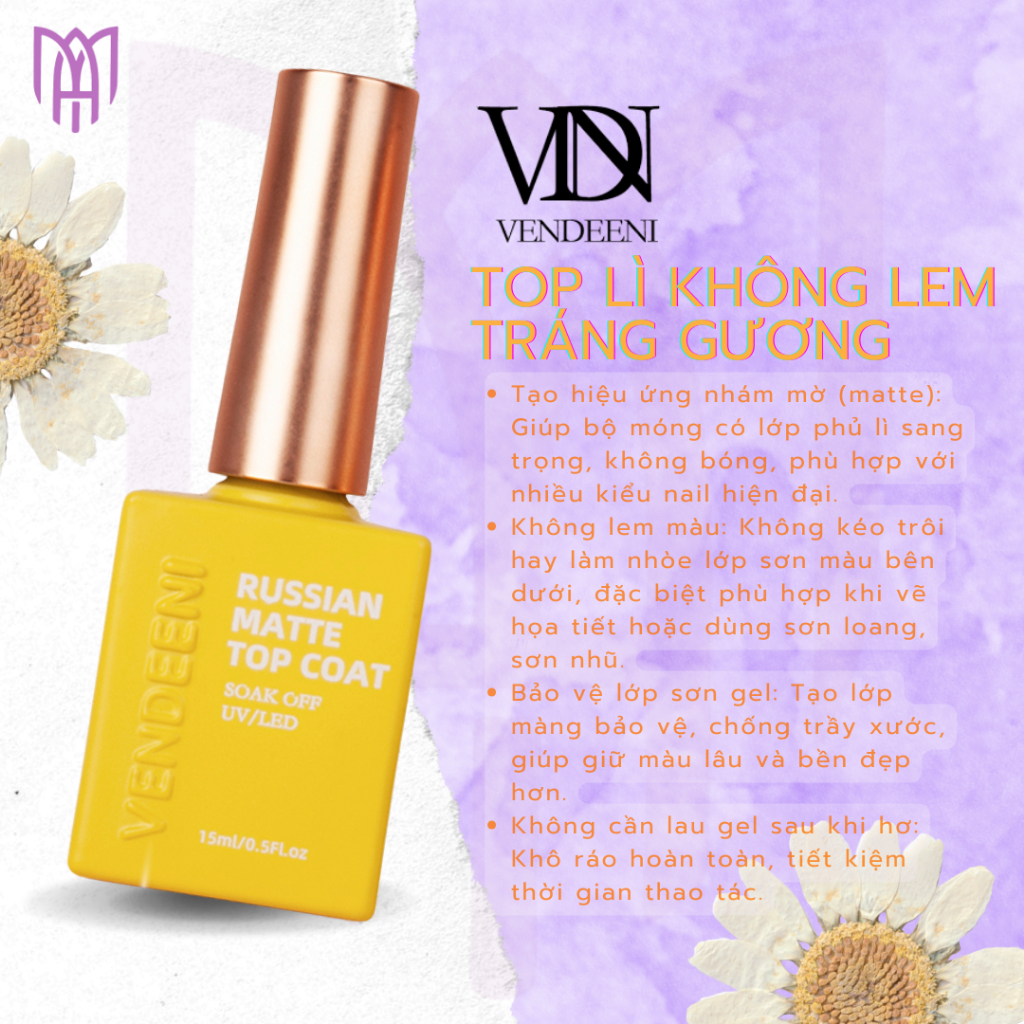 [Mua5Tặng1] Top Lì Không Lem Tráng Gương Vendeeni Matte Top Coat - Bền Màu, Vẽ Gel Trang Trí 15ml