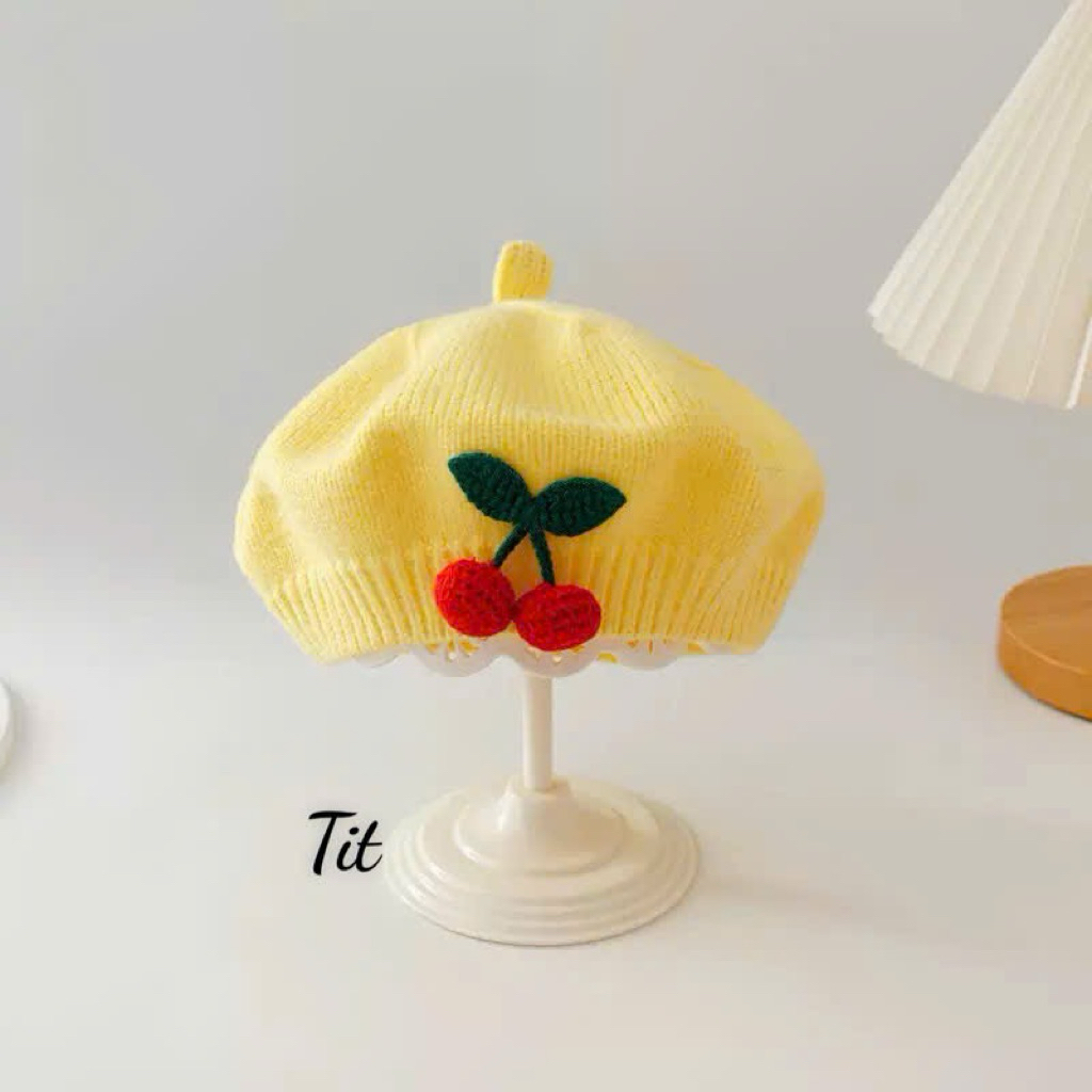 Muc nồi cho bé thêu quả cherry - Mũ beret len mềm ấm cho bé