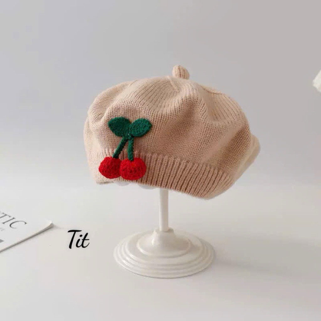 Muc nồi cho bé thêu quả cherry - Mũ beret len mềm ấm cho bé