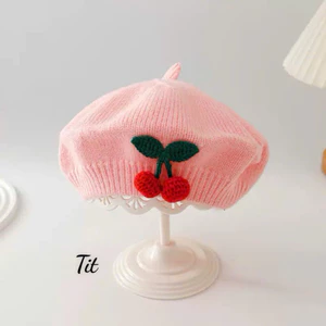 Muc nồi cho bé thêu quả cherry - Mũ beret len mềm ấm cho bé